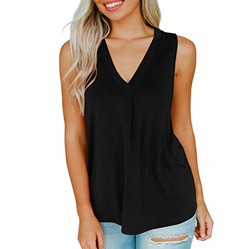 Besfly Tank Tops For Women V Neck Tunic Top With Legging Sleeveless Blouses Flowy Cami Ruched Shirts A-Black #TOP3