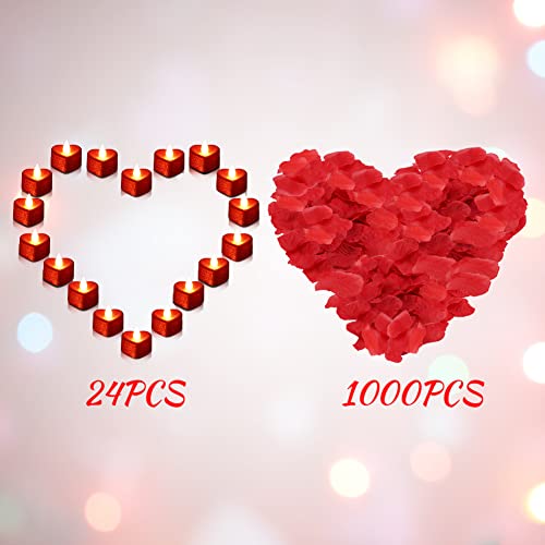 Qoonestl Flameless Led Candles, 24Pcs Romantic Love Heart Flameless Tealights, 1000Pcs Artificial Rose Petal, Battery Operated Candle Lamp For Table Decor, Romantic Night(Red) #TOP1