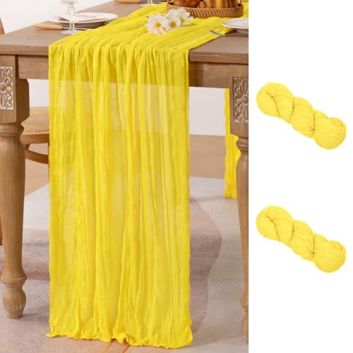 Image of MLMC 2 Pack Yellow Table Runner 10ft Rustic Summer Cheesecloth Table Runner Gauze Cheese Cloth Centerpiece Decororations 35x120 Inches for Wedding Baby Shower Outdoor Picninc Decor