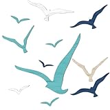 Juyuspesrk 11Pcs Wooden Seagull Wall Decor,Coastal Wall Art,Nautical Theme Beach Adhesive Seagull,Beach Wall Art Decor for Living Room, Office,Home Decorative (Brown+blue+white)