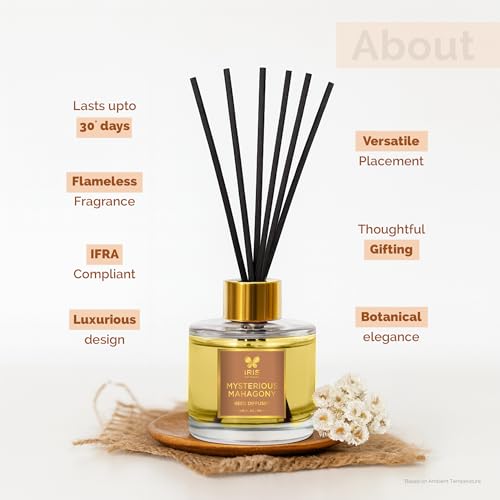Image of IRIS Aroma Reed Diffuser - 100ml | Elegant Home Fragrance with 6 Fiber Reeds, Glass Round Bottle with Gold Cap | Aroma Diffuser for Cozy Decor & Gifting (Mysterious Mahagony)
