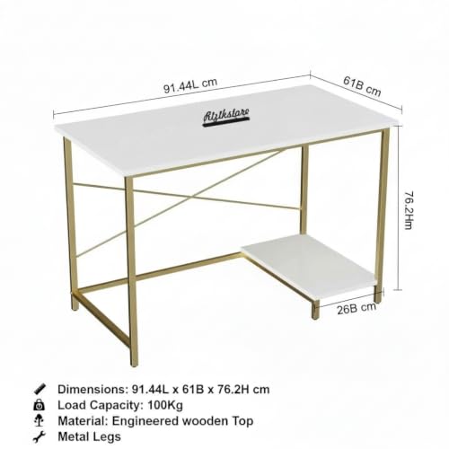 Image of RIZIK Store Folding Study Table | 36 inchx24 inch Computer Desk with Laminated Top & Metal Frame | Home Office, Bedroom, Study & Kids Room Warranty Protected (Plaint White & Gold)