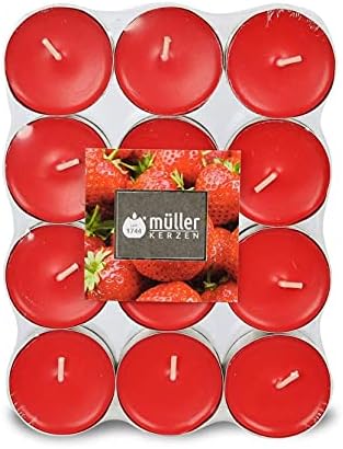 Müller KerzenTealights Scented Candles - Strawberry Fragrance - 39 × 15 mm - 4 Hours Duration - Red Wax Tealights - Anti-Drip Aluminium Container - Set of 24 Candles