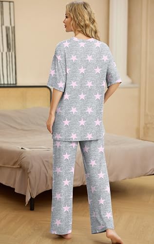 Image of PrinStory Womens Pajamas Sets 2 Piece Lounge Set Short Sleeve Tops and Long Pants Soft Pjs Loungewear with Pockets