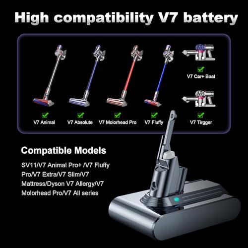 Image of 10000mAh 21.6V Battery Replacement for Dyson V7, 45 Min Runtime, Compatible with SV11 V7 Animal Motorhead Trigger Absolute Fluffy Car+Boat, Tool-Free Swap Clip & Switch Lock, 2-Yr Warranty