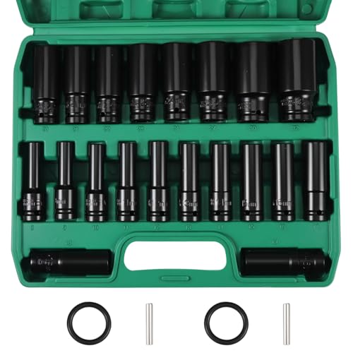 Impact Socket Set 1/2 Inch,20pcs Hex Long Sockets 8mm-32mm, Metric,CR-V Steel Deep Socket for Professional Automotive, Truck, Tractor & Home DIY Repair Set