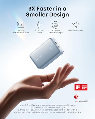 Image of Anker Nano Power Bank, 45W 10,000mAh Portable Charger, iPhone Battery Pack | Built-In Retractable USB-C Cable, for iPhone 17 / 16 Series, iPad, Galaxy, Pixel, and More, Compact Travel Design