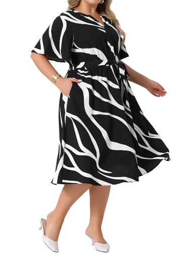 Agnes Orinda Plus Size Dress for Women Short Sleeve Notched V Neck Belt Summer Midi Dresses with Pockets2