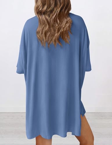 PRETTYGARDEN Women's Two Piece Lounge Set 2025 Summer Casual Oversized Shirts Biker Shorts Matching Airport Travel Outfit (Blue,Medium) - Thumbnail 2