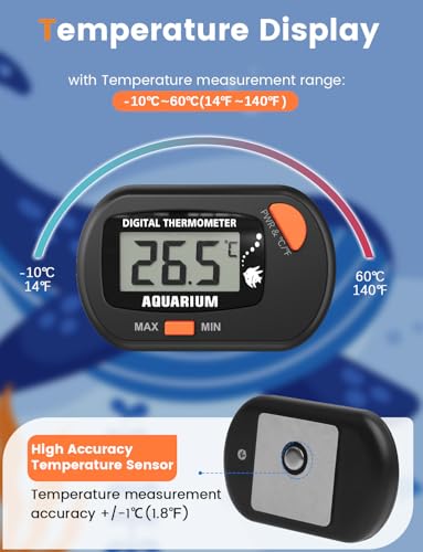 Aquarium Thermometer Kabellos, Mini Wasserthermometer Digital, digitales LCD-Wassertemperatur-Thermometer für Aquarium, Aquarium, Meeresreptilien, Terrarium (schwarz)