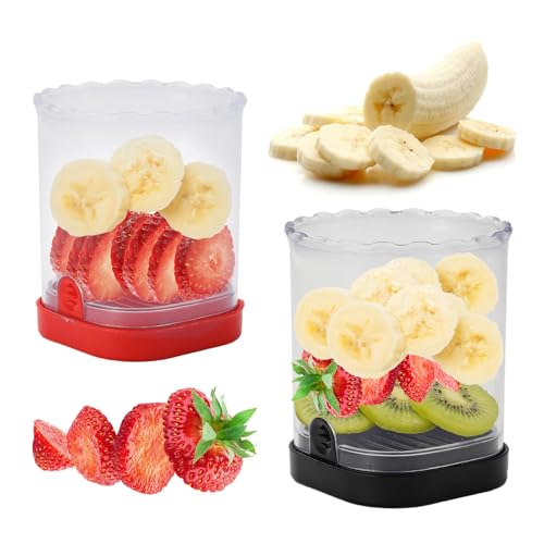 2 Pcs Fruit Slicer Cup, Strawberry Cutter Slicer Cup, Banana Egg Slicers Detachable Fruit with Push Plate, Strawberry Cutter Kitchen Gadget (Black & Red)