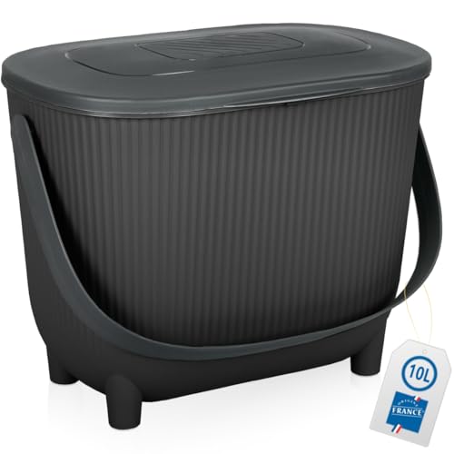 Premium Komposteimer 10L Küche Biomüll Behälter Bio Mülleimer mit Deckel und Aktivkohlefilter (Schwarz/Dunkelgrau)