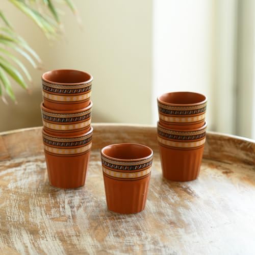 Image of ExclusiveLane 'Terra Tones' Ceramic Kullad Cups Set of 6 (120 ml, Earthern Brown, Microwave Safe, Handcrafted) | Kulhad Cups Kulhad Tea Cups Set of 6 Chai Kullad for Tea Cup Chai Cup