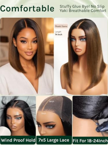 Image of KLAIYI Bye Bye Slip Ombre Chestnut Brown Glueless Precut 7x5 Yaki Straight Bob Wig Human Hair Drawstring Pre Plucked Bleached Knots Pre Everything 30S Ready to Wear and Go Wig with Dark Roots 10Inch