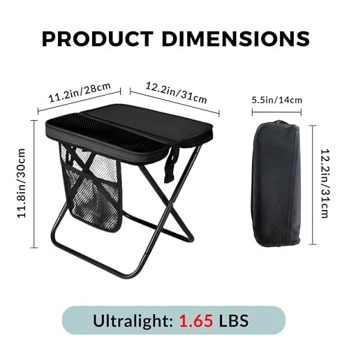 Image of Portable Folding Stool - 12 inch Tall Collapsible Backpack Stool with Storage Pouch, Hands-Free Carry & Supports 300 lbs, Ultralight for Hiking, Fishing, Camping, Festivals (Black, Standard)