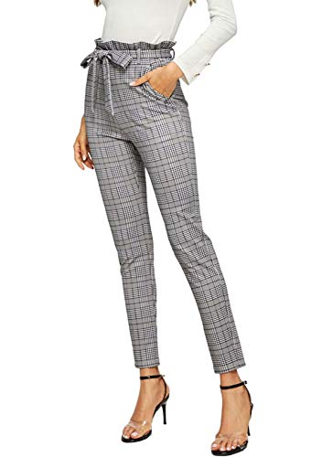 My Choice Stuff Womens High Tie Waist Hound Tooth Print Pants Ladies Paper Bag Cigarette Trouser Mono Check US 4