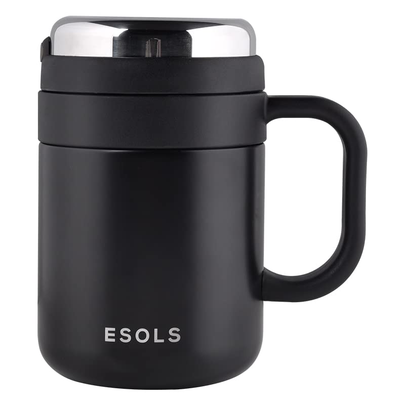 Travel Coffee Mug, Double-wall Stainless Steel Thermal Cup, Vacuum Insulated Thermos with Tea Infuser and Leak Proof Twist Lid, 500 ML (Black)