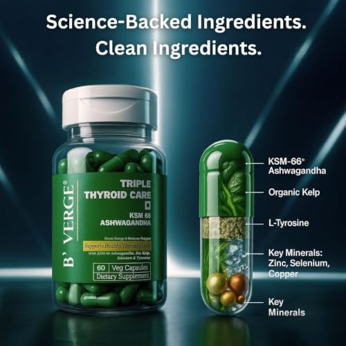 Image of B'VERGE Thyroid Supplement | With Ashwagandha ksm66 | Fast-Acting Formula | Enriched with Sea Kelp, Zinc, Selenium & L-Tyrosine | Promotes Healthy Thyroid Function (60 Capsules (Pack of 1))