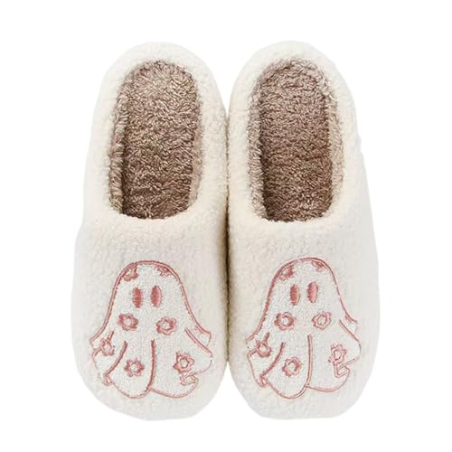 Halloween Slippers for Womens Mens Funny Cute Ghost Slippers Plush Soft Memory Foam Spooky Slipper House Shoes Pink 41-42