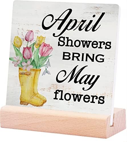 Polilike April Showers Bring May Flowers Table Sign Home Decor Rustic Spring Quote Ceramic Table Plaque with Wooden Stand Block Plaque for Wall Tabletop Desk Home Decoration