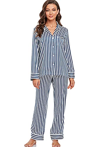 Image of Serenedelicacy Women's Satin Pajama Set Long Sleeve Button Down Sleepwear 2-Piece Silky Pj Set