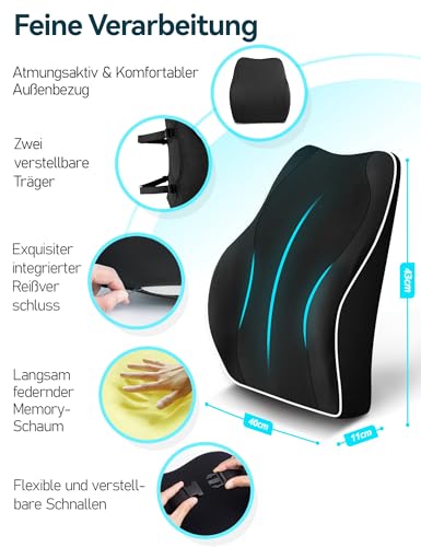 Travel Ease Ergonomisches RückenKissen aus Memory Foam, Lendenkissen für Bürostuhl, Schreibtischstuhl, mit Antistatischem, hautfreundlichem Bezug und für eine Bequeme Sitzhaltung (Schwarz)