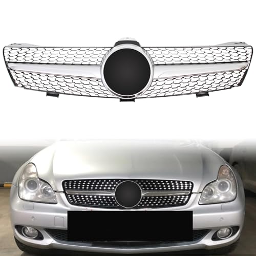 CLS Class Grill with 3D Emblem Front Grille for Mercedes Benz W219 CLS350 CLS500 CLS550 CLS63 AMG CLS55 AMG 2005 2006 2007 2008 Silver