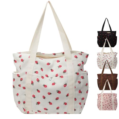 Aikelai Fraises Velours Côtelé Sac Fourre Tout Femme,Grande Capacité Sac a Main,Sac Fourre Tout Femme Pour Les Voyages, Le Travail,La Plage (Blanc)
