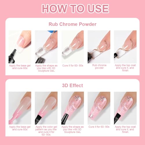LOPHE Żel 3D Nail Art 15 ml, wielofunkcyjny żel do paznokci strasu, klej charms do rzeźbienia paznokci, modelowania paznokci, chromowany proszek do paznokci