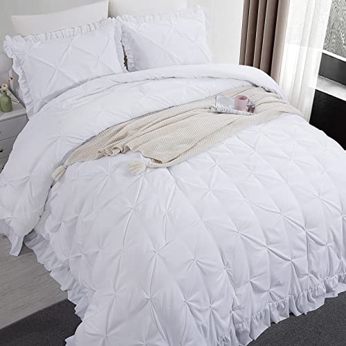 Hombys 120X120 Oversized King Comforter Set, 3 Piece Ultra Soft Pinch Pleat Bedding Sets For King Bed, White Pintuck Down Alternative Comforter With Ruffles (1 Comforter+2 Matching Shams) #TOP3