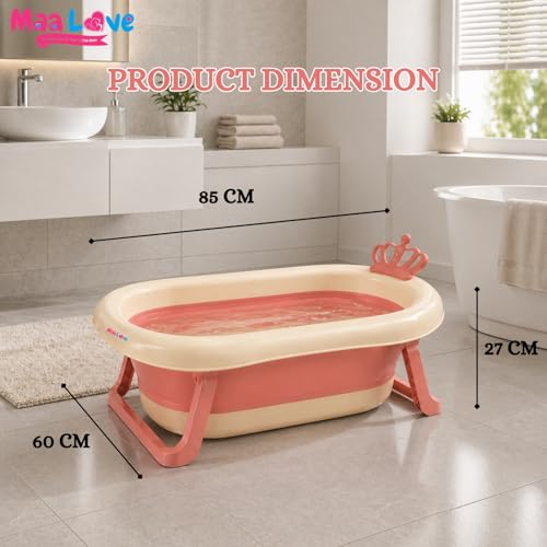 Image of Premium Foldable Baby Bathtub with Soft Cushion for Newborn, Infant & Toddler, Non-Slip Base, Easy Drain Plug, Portable Space Saving Bath Tub (Pink)