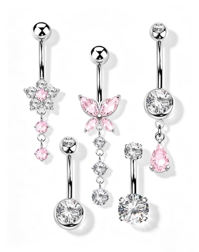 MS CUTE 5PCS Silver-Tone Pink CZ Belly Button Rings for Women 14G Dangle Navel Piercing Jewelry Set Surgical Stainless Steel Body Jewelry with Butterfly Flower Teardrop Barbell, 12mm Bar Length