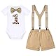 FYMNSI Dschungel 1. Erster Geburtstag Party Kleidung für Baby Jungen Giraffe Baumwolle Kurzarm Fliege Strampler Body Y-Rücken Hosenträger Shorts Bekleidungsset Safari Wald Fotoshooting Khaki 3er Set