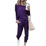 ACOSAP Women Casual Outfit Solid 2 Piece Outfit Long Sleeve Crewneck Pullover Tops and Long Pants Sw