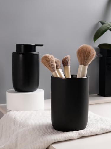 Image of Bosilunlife Soap Dispenser and Toothbrush Holder Set - 11Oz Foam Soap Dispenser Pump Ceramic Bathroom Counter Soap Toothbrush Holder Set Black Bathroom Accessories Set