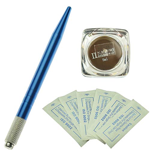 Professional Eyebrow Permanent Microblading Kit/One Blue Manual Microblading Tattoo Pen with 10Pcs Eyebrow Microblading Needles and One Bottle Nature Microblading Pigment (Brown)