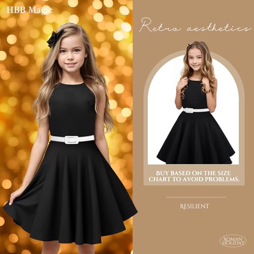 Black Girls Vintage Dresses 50s Retro Kids Dresses for Girl with White Belt for Special Occasion Swing Rockabilly Sleeveless Size 8