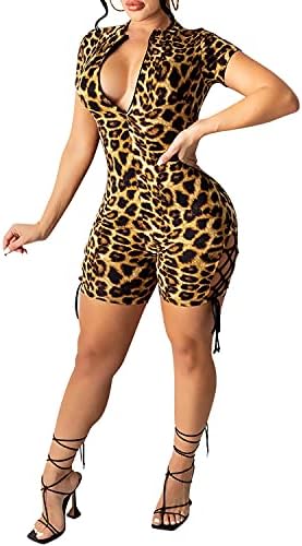 Zoctuo Women's Sexy Bodycon Jumpsuit Deep V Zipper Neck Short Sleeve Club Romper Clubwear(5102,Leopard,XXL)