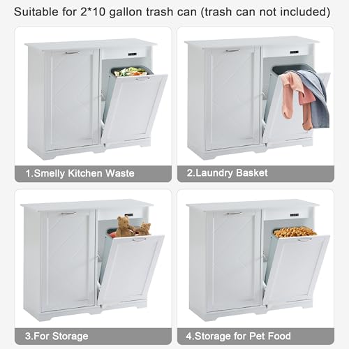 VECELO Double Tilt Out Kitchen Trash Bin Cabinet Dog Proof Garbage Can with Wood Holder Free Standing Recycling, White