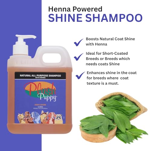 Image of PLUSH PUPPY Shampoo for Cats and Dogs - Ideal for Short Coated Breeds, Enhances Shine, Maintains Skin Health, Paraben Free, No Artificial Fragrance, All Purpose Pet Shampoo with Henna (1 L)