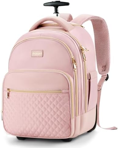 Arcoyard Small Rolling Backpack, 14.3 Inch Underseat Carry On Luggage With Wheels For Adults, Wheeled Backpack for Women, Travel Roller Bag, Pink