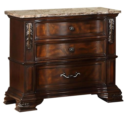 First of a Kind Cosmos Furniture Santa Monica Nightstand - Elegant Cherry Wooden Bedside Table with Intricate Carvings, 3 Drawers, Marble Top - 32 x 19 x 30 Inches, 106lbs