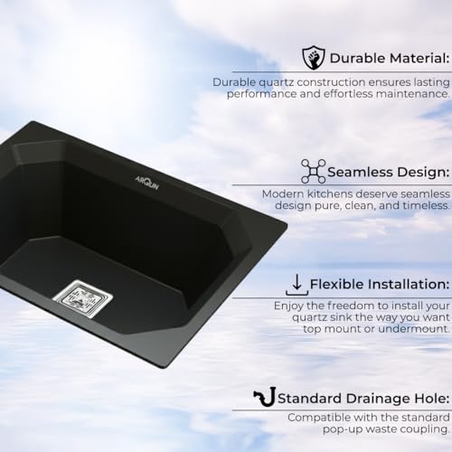 Image of ARQUIN Quartz Kitchen Sink 24x18x9 Inch Black Diamond | Single Bowl Sink | Durable & Scratch-Resistant | Undermount /Topmount Including Coupling, Waste Pipe & Fruit Washing Basket