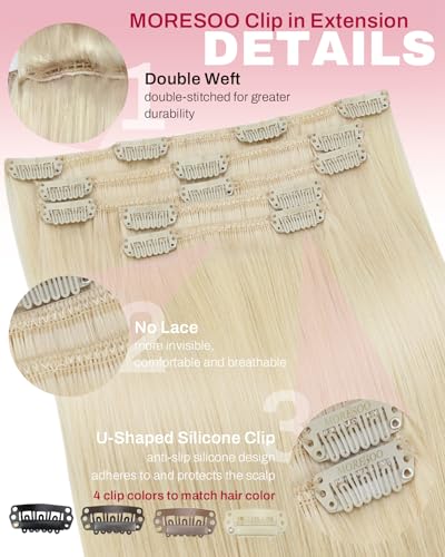 Image of Moresoo Clip in Hair Extensions Real Human Hair Double Weft Human Hair Clip in Extensions Straight Golden Platinum Blonde #60 5pcs 80g 18inch