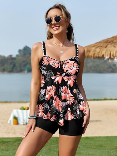 SHEKINI Women's Tankini Swimsuit, 2 Piece Tummy Control Bathing Suit Flowy Floral Print Swimwear Tank Top with Boyshorts3