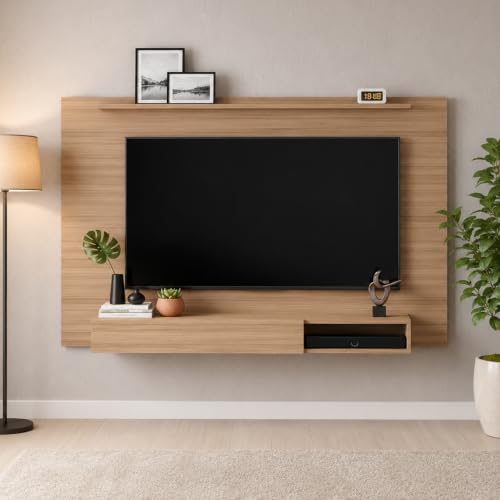 Image of FURNEASER Reyroy Wall Mounted TV Unit for Living Room | Wooden TV Panel with Floating Cabinet & Storage Shelf | Modern Entertainment Unit for Upto 60 Inch TV (Exotic Teak)