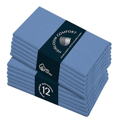 HEIRLOOM COMFORT Sky Blue Cloth Napkins 17x17 Inch - 100% Cotton, Reusable, Soft, Machine Washable - 12 Pack - Ideal for Spring, Summer, Baby Showers, Beach, Wedding, Receptions, Birthdays