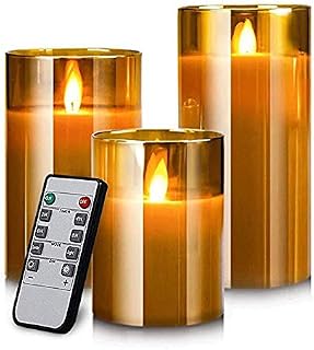 YMing Gold Glass Battery Operated Candles with Timer and 10-Key Remote, Flameless LED Real Wax Warm Light Candles Flickering for Wedding Festival Home Christmas Decoration (Set of 3) [Energy Class A+]