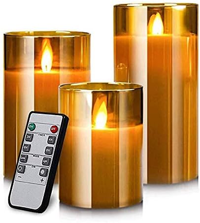 YMing Gold Glass Battery Operated Candles with Timer and 10-Key Remote, Flameless LED Real Wax Warm Light Candles Flickering for Wedding Festival Home Christmas Decoration (Set of 3) [Energy Class A+]