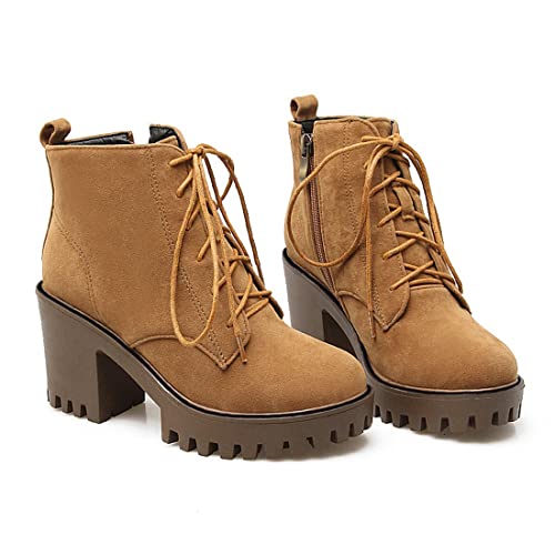 VOKLIN Women's Round Toe Platform Dressy Ankle Boots Lace Up Chunky Block High Heels Dressy Short Booties4